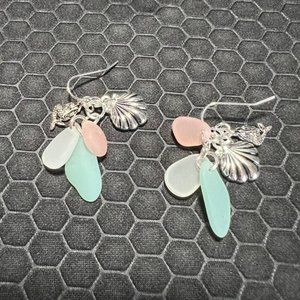 Mermaid and Seashell Earring with Multicolored Sea Glass 18K White Gold Plated